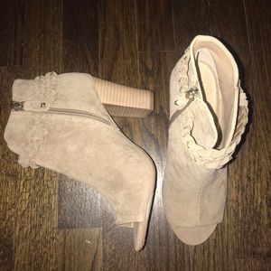 Camel color peep-toe booties